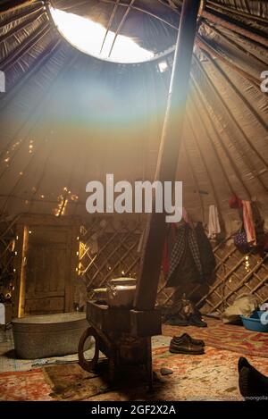 Mongolian yurt gers interior in western Mongol Stock Photo - Alamy