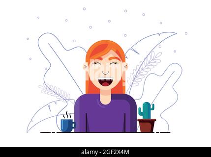 Women cartoon character with cup of coffee and cactus in the pot. Floral outline leaves isolated on a white background. Vector illustration in a flat Stock Vector