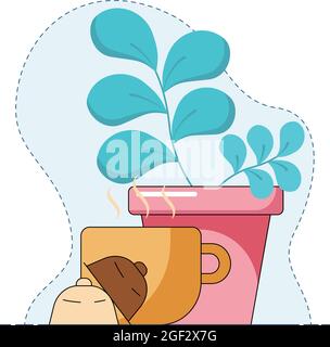 Mug with hot coffee made by capsule brewing, in front of pot with a flower. Cartoon vector illustration in a flat style, isolated on a blue and white Stock Vector