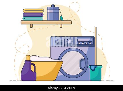 Housekeeping concept, basket with dirty clothes and liquid soap in front of a washing machine. Cartoon illustration with cleaning products, mop and Stock Vector