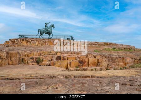 Rao Jodha Statue on top of the mountain, Jodhpur, Rajasthan, India. Founder of Jodhpur in 1459. Statue made of  ashtadhatu a blend of eight metals. Stock Photo