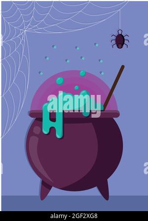 Cartoon illustration of a pot with strange poison and spider on his web. Vector illustration in a flat style for a halloween celebration.  Stock Vector