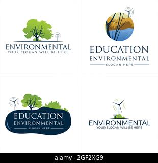 Environmental with tree branch grass windmill logo design Stock Vector