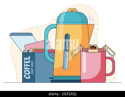 Mug with hot drink made by coffee drips bag and hot water. Cartoon vector illustration in a flat style, isolated on a blue and white background. Stock Vector