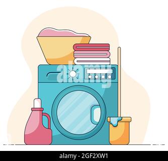 Domestic concept, basket with dirty clothes and towels on the washing machine, bucket with mop and liquid soap in front of. Cartoon illustration in Stock Vector