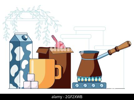 Cartoon vector illustration in a flat style of coffee cezve on gas stove. Illustration of morning routine of making coffee with sugar and milk. Stock Vector