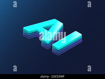 AI Artificial Intelligence 3d isometric vector text. Isometric blue letters on dark blue background. Stock Vector