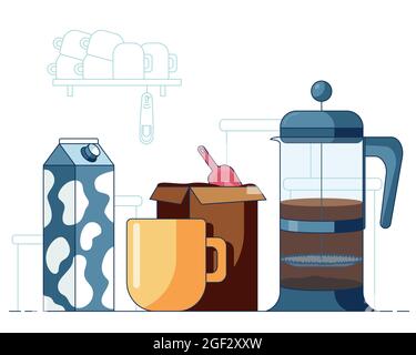 Mug with hot coffee made by French-press, box with coffee and milk in front of simple kitchen interior. Cartoon vector illustration in a flat style Stock Vector