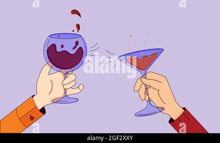 Illustration of celebration, hands with glasses of wine and champagne, cheers and drinking alcohol cocktails. Cartoon vector illustration in flat Stock Vector