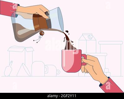 Hands holding mug and jug with hot coffee in front of a simple kitchen interior. Cartoon vector illustration in a flat style, isolated on a blue and Stock Vector