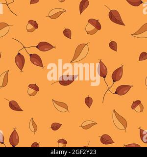 seamless pattern with autumn leaves and acorns in red and yellow colours isolated on orange background. Cartoon illustration in a flat hand drawn Stock Vector