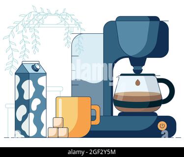 Mug with hot coffee made by drip coffee machine, sugar cubes and milk in front of pot with a flower. Cartoon vector illustration in a flat style Stock Vector