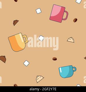 Vector seamless pattern of cartoon cups, coffee capsules, sugar and coffee beans isolated on a beige background. Cartoon illustration in a flat style. Stock Vector