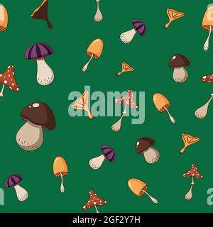 Seamless pattern of a coloured mushrooms, poisoned and healthy. Cartoon illustration of vegetarian food in a flat hand drawn style. Stock Vector