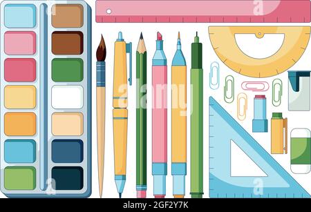 Concept illustration of a cartoon school supplies, set of brushes, markers, pen, pencils and other stuff. Vector illustration isolated on a white Stock Vector