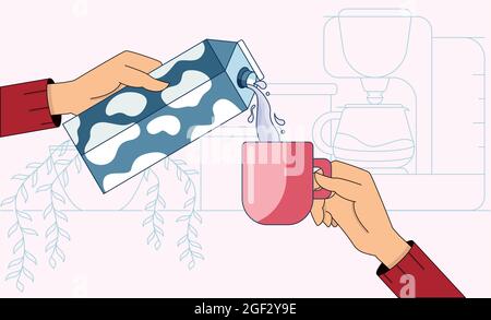 Hands holding mug with hot coffee and milk in front of a simple kitchen interior. Cartoon vector illustration in a flat style, isolated on a blue and Stock Vector