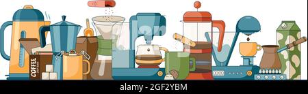Cartoon set of different brewing methods of coffee, jugs, mugs and kettles, electrical coffee machine and made by gas. Vector illustration in a flat Stock Vector