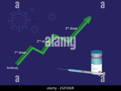 Booster of covid-19 vaccine for delta variant protection. Graph showing rising antibody titer after third dose vaccination. Stock Vector