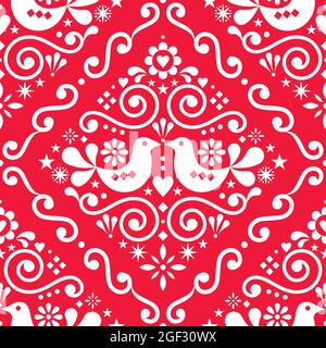 Scandinavian floral seamless vector pattern, repetitive folk art textile Nordic design with birds and flower in white on red Stock Vector