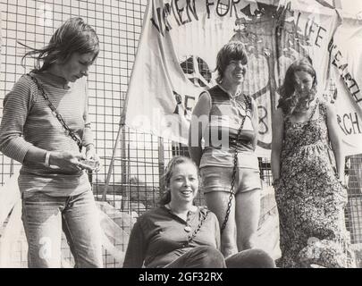 Greenham Common Peace Camp first day 5/9/81. After a march from Cardiff women chain themselves to the perimeter fence to protest against nuclear arms.