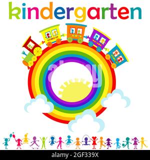 Kindergarten poster with kids and cartoon train over rainbow Stock Vector