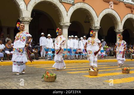 Merida, Mexico: April 01, 2007 -  Local folkloric group displaying their traditional culture and dance in the street during the Sunday morning feast, Stock Photo
