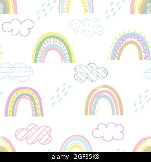 Baby seamless pattern with rainbow clouds and drops vector illustration. Cute scandinavian background with hand-drawing. Template for wallpaper, nurse Stock Vector