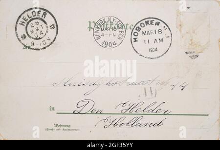 Vintage postcard of 1904 with no stamp but with postmarks in Hoboken New Jersey, New York and Rotterdam. Address in Den Helder, The Netherlands Stock Photo