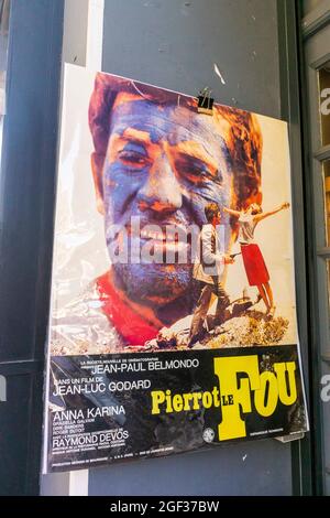 Nice, France, vintage movie posters, Detail in Old store Window (Jean-Paul Belmondo, Famous French Actor) film movie sign, French posters, vintage French Film ad Stock Photo