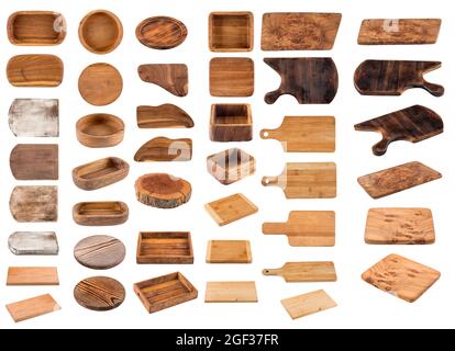Isolated wooden cookware boards collection collage Stock Photo