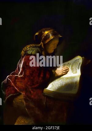 An Old Woman Reading, Probably the Prophetess Hannah 1731   by Rembrandt Harmenszoon van Rijn 1606–1669  Dutch The Netherlands Stock Photo