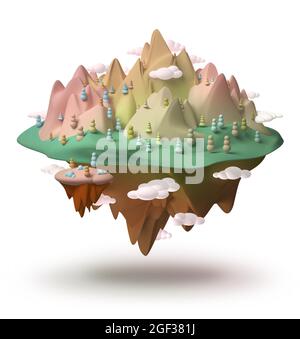 Fantasy island landscape hovering in the air 3d creative childhood dream concept, isolated on white Stock Photo