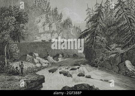 United States, New York State. Little Falls. Mohawk River valley rapids and rocks. A canal was constructed around the rapids about 1795. Engraving by Stock Photo