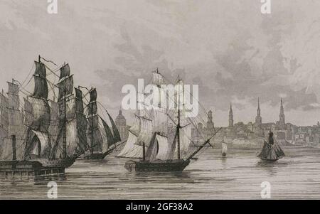 American Revolutionary War. Siege of Boston (April 19, 1775 - March 17, 1776). Departure of the British fleet. On March 17, 1776, British forces were Stock Photo