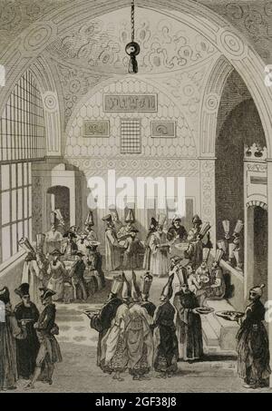Turkey. Constantinople (Today Istanbul). Dinner for a European ambassador at the Grand Vizier's court, in the imperial Council chamber, around year 17 Stock Photo