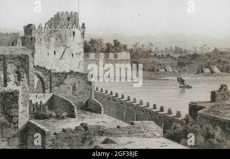 Ottoman domination. Acre (today Akko in northern territory of Israel). Walls of Saint Jean d'Acre. Engraving, 19th century. Engraving by Lemaitre.  Hi Stock Photo