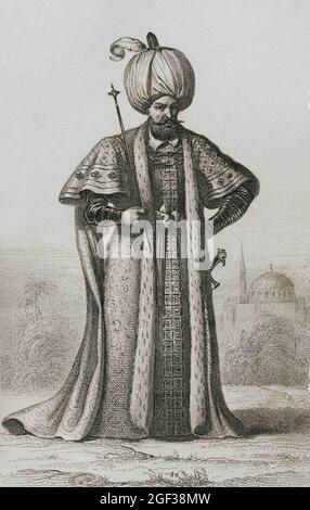 Suleyman the Magnificent (1494-1566). Sultan of the Ottoman Empire from 1520 to 1566. Engraving by Lemaitre and Masson. Historia de Turquia by Joseph Stock Photo