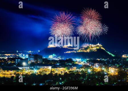 Fireworks festival over the top of the mountain, Thailand Stock Photo