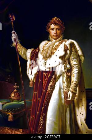 Portrait of Emperor Napoleon I in coronation robes, December 2, 1804 by François Gérard . Standing, full-length, in ermine mantle before the throne. In the right hand a staff with an eagle, on the left on a pillow the orb and a scepter. France, French Stock Photo