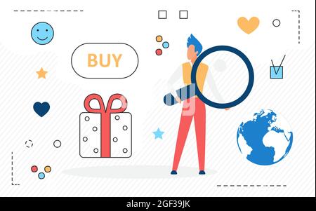 Shopping online, man character holding magnifying glass to buy gifts isolated on white Stock Vector