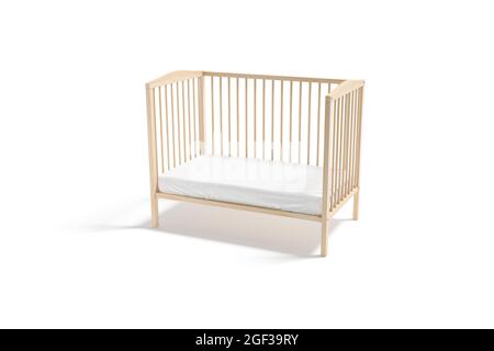 Blank wood cot with white crib sheet mockup, half-turned view, 3d rendering. Empty baby bed with mattress and lattice for protection mock up, isolated Stock Photo
