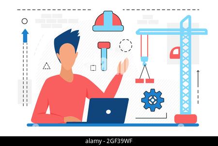 People engineer at work abstract concept vector illustration. Cartoon architect builder character working on new building project with construction crane, safety helmet line icons isolated on white Stock Vector