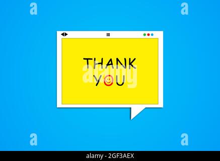 Thank You Phrase On yellow Bubble Speech Website Screen. Online Customer Review and Gratitude Concept. Online Web page Design On blue background With