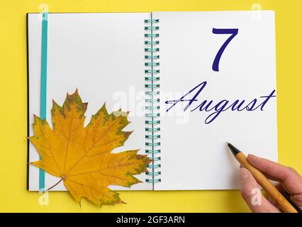 7th day of august. Hand writing the date 7 august in an open notebook with a beautiful natural maple leaf on a yellow background. Summer month, day of Stock Photo