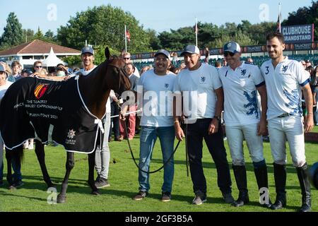 Egham, Surrey, UK. 22nd August, 2021. The polo pony of the match. Credit: Maureen McLean/Alamy Stock Photo