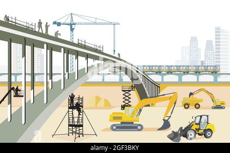 Bridges construction site with construction workers, illustration Stock Vector