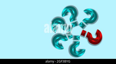 many Question marks in a circle Shape with one Question mark different. 3D render Question with unique Red mark. Conceptual Idea of difference and Ind Stock Photo