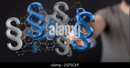 Panoramic shot of a hand touching floating 3D law and justice paragraph signs Stock Photo