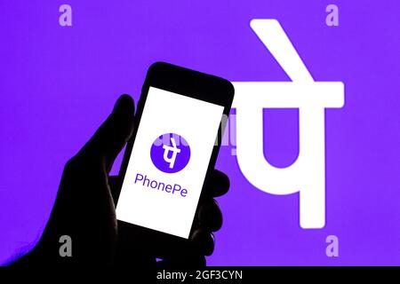 In this photo illustration a PhonePe logo seen displayed on a smartphone. Stock Photo