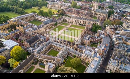 Cambridge aerial view of Trinity College looking across the great court from above Kings College with Kings Parage visible. Stock Photo